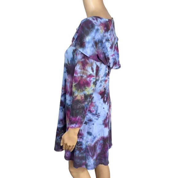 Soft Surroundings Blue Purple Tie Dye Cowl Neck Hooded Tunic Dress SZ M - Picture 6 of 8